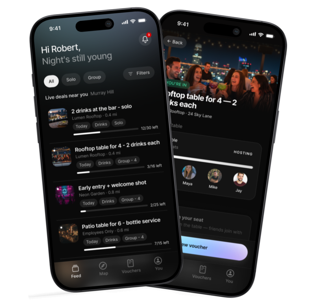 Two iPhones showing the Plotz app - a Feed of nearby bar and restaurant deals and a group table detail with friends joining and a voucher.