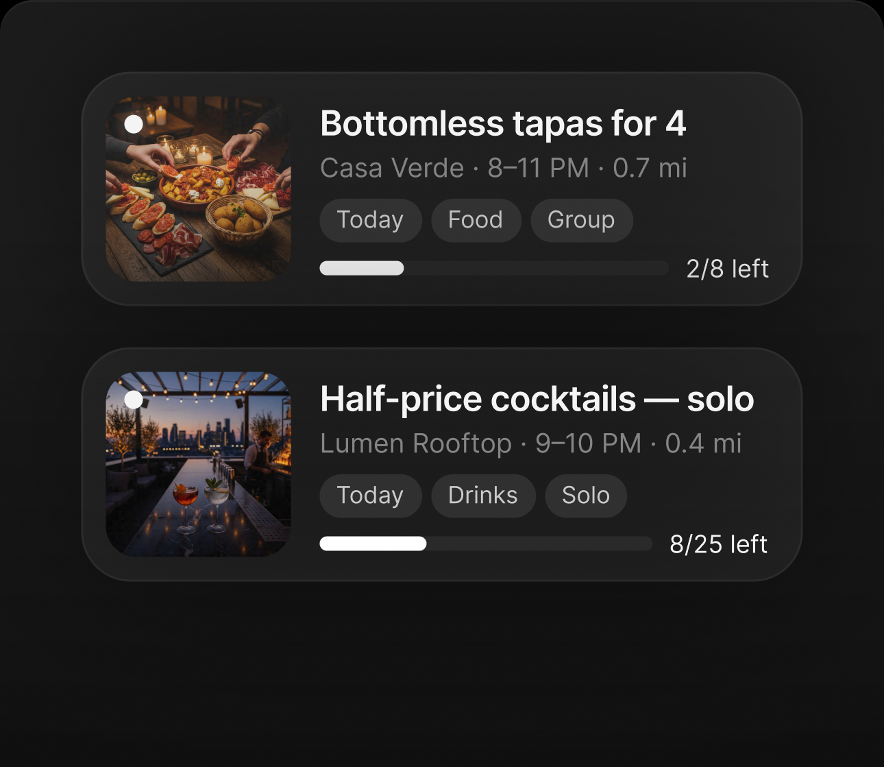 Two Plotz deal cards - 'Bottomless tapas for 4' at Casa Verde and 'Half-price cocktails - solo' at Lumen Rooftop - each showing the time, tags, and spots left.