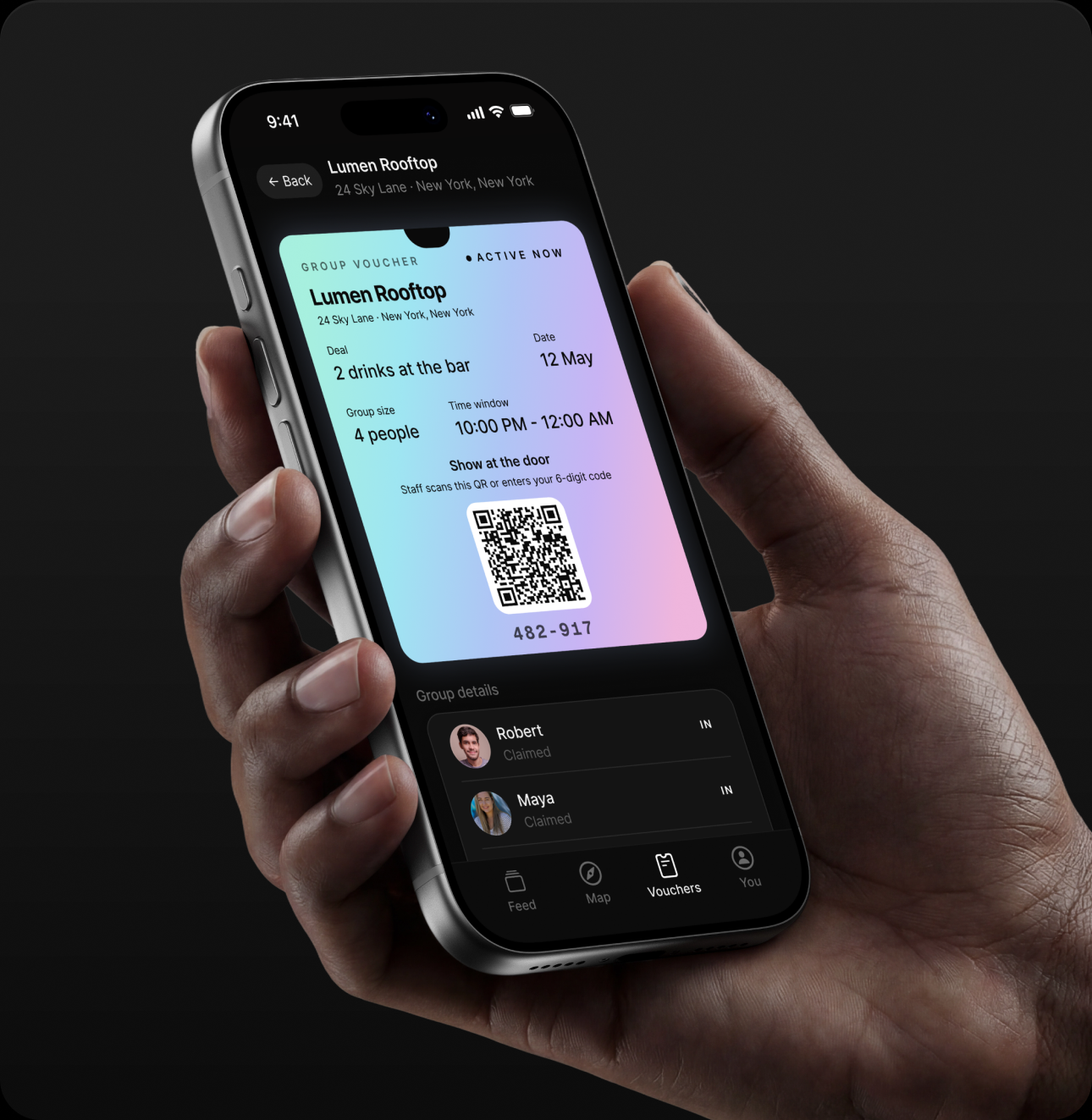 The Plotz app open on a phone showing a group voucher for Lumen Rooftop with a QR code and a six-digit door code.